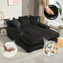 Soffor>Modern Corduroy Tuftad Bäddsoffa Svart, Molnsoffa med 3 Mjuka Kuddar, Bekväm Enkel Golvsoffa för Vardagsrum, Lägenhet och Kontor