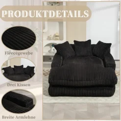 Soffor>Modern Corduroy Tuftad Bäddsoffa Svart, Molnsoffa med 3 Mjuka Kuddar, Bekväm Enkel Golvsoffa för Vardagsrum, Lägenhet och Kontor