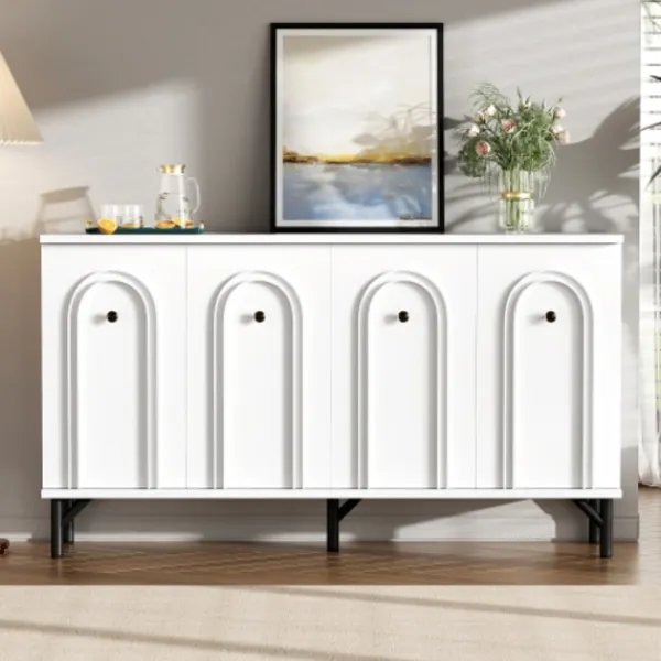 Sideboards>Modern 4-dörrars skänk – vit, 140 cm – stilren design, 3D-båge framtill, justerbara insatser – Mångsidigt förvaringsutrymme för vardagsrum