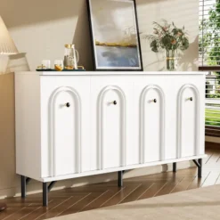 Sideboards>Modern 4-dörrars skänk – vit, 140 cm – stilren design, 3D-båge framtill, justerbara insatser – Mångsidigt förvaringsutrymme för vardagsrum