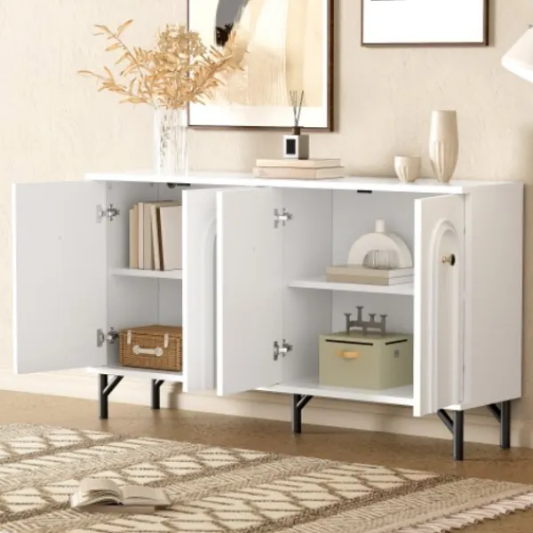 Sideboards>Modern 4-dörrars skänk – vit, 140 cm – stilren design, 3D-båge framtill, justerbara insatser – Mångsidigt förvaringsutrymme för vardagsrum