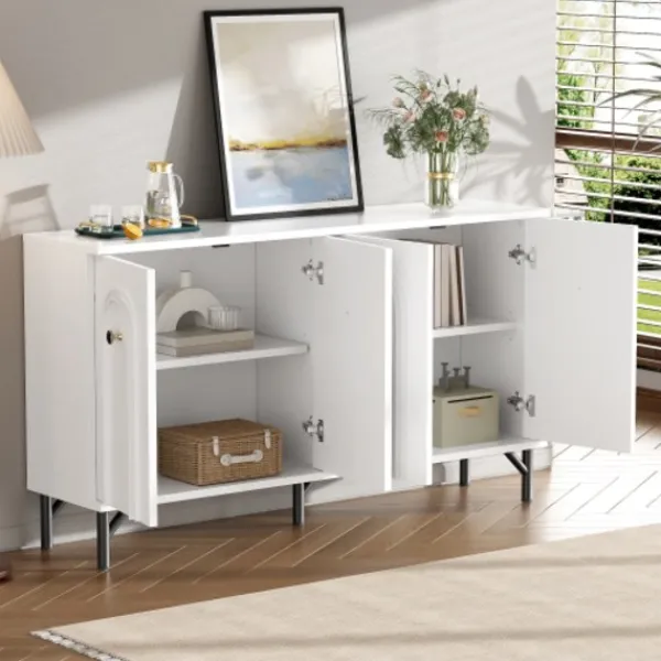 Sideboards>Modern 4-dörrars skänk – vit, 140 cm – stilren design, 3D-båge framtill, justerbara insatser – Mångsidigt förvaringsutrymme för vardagsrum