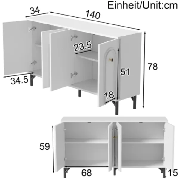Sideboards>Modern 4-dörrars skänk – vit, 140 cm – stilren design, 3D-båge framtill, justerbara insatser – Mångsidigt förvaringsutrymme för vardagsrum