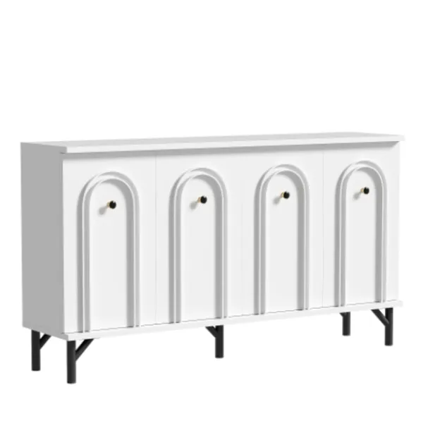 Sideboards>Modern 4-dörrars skänk – vit, 140 cm – stilren design, 3D-båge framtill, justerbara insatser – Mångsidigt förvaringsutrymme för vardagsrum