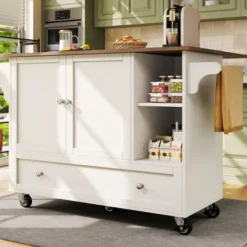 Köksö>Modern köksvagn med öppna fack & träskiva – Flexibel buffé i vitt med praktiska tillbehör