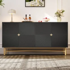 Sideboards>Modern skänk 160cm svart, 4 dörrar med guldhandtag, högblanka ben & upphöjd textur