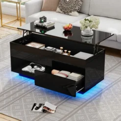 Soffbord>Modernt högglansigt svart lyftbord – 100 cm LED-bord med hydraulik & förvaring | Elegant vardagsrumsbord