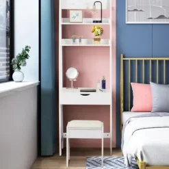 Sminkbord>Modernt spegelsmink-/sminkbord med en pall och 2 hyllor MDF-sminkbord för sovrum