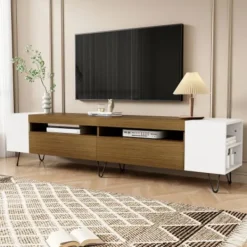 Tv-Bänkar>Modernt TV-skåp, vit och träoptik – längd 180 cm