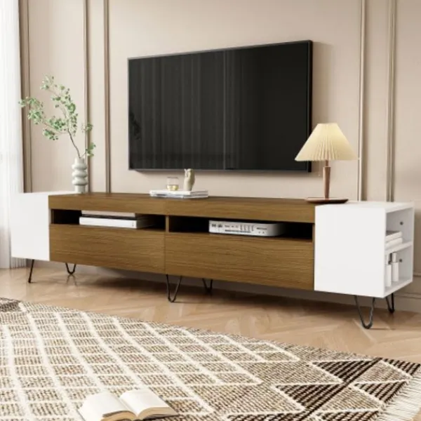 Tv-Bänkar>Modernt TV-skåp, vit och träoptik – längd 180 cm