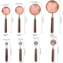 Matgrupper>Mätkoppar och skedar set, set om 8, valnötshandtag, graverade dimensioner, högkvalitativt rostfritt stål, spegelpolerat för mätning av bakverk (ro