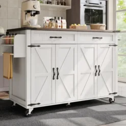 Köksö>Multifunktionell köksö, utdragbar serveringsvagn med förvaringsutrymme (4 dörrar, 2 lådor), trälook, praktisk