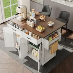 Köksö>Multifunktionell köksö, utdragbar serveringsvagn med förvaringsutrymme (4 dörrar, 2 lådor), trälook, praktisk