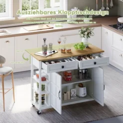 Köksö>Multifunktionell köksvagn 120-65cm – Fällbar skiva & 2 lådor – praktisk serveringsvagn på hjul