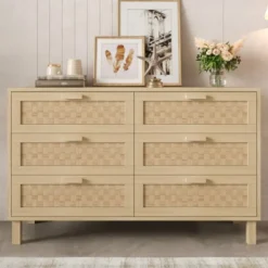 Byråer>Naturlig träskänk med 6 lådor – elegant byrå i rottingoptik, sovrum med stort förvaringsutrymme