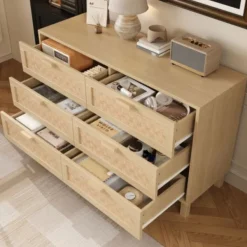 Byråer>Naturlig träskänk med 6 lådor – elegant byrå i rottingoptik, sovrum med stort förvaringsutrymme