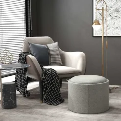 Northio Sittpuffar>Ottomansk Rund Pall Med Förvaringsutrymme, Fällbart Lock, I Linnelook För Vardagsrum, Sovrum, Grå, Ø56 X 42 Cm