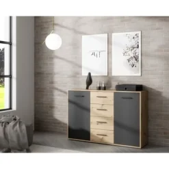 Sideboards>PILVI skänk - Modern stil - Melaminpartiklar - Ek och svart dekor - 2 luckor + 4 lådor - L 122,6 x D 34,2 x H 81,7 cm | Fyndiq