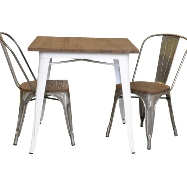 Tusent Matgrupper>Plåt matt vit med toppskiva i alm + 2 galvade stolar alm sits