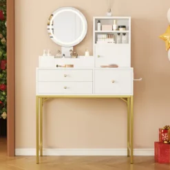 Sminkbord>Professionellt sminkbord med 3-färgs LED-belysning, 80x134cm, med 3 lådor & spegel, förvaringsdesign, vit