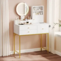Sminkbord>Professionellt sminkbord med 3-färgs LED-belysning, 80x134cm, med 3 lådor & spegel, förvaringsdesign, vit