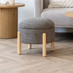 EBUY24 Sittpuffar>Puff med förvaringsutrymme 45x36 cm, brun bouclé effekt och naturliga ben