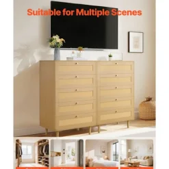 DUOKU Byråer>Rattankommod med 5 lådor--Förvaringsmöbel med metallhandtag och träben-Organisatör för kläder