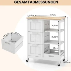 Northix Köksö>Rolling Kitchen Island Cart med 2-lagers förvaring, vit
