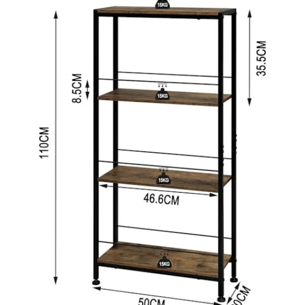 Rootz Living Hyllor>Rootz 4 -nivå stående hylla - lagringshylla - fristående bokhylla - Hållbar och kompakt - 50 cm x 110 cm x 20 cm - brun +svart