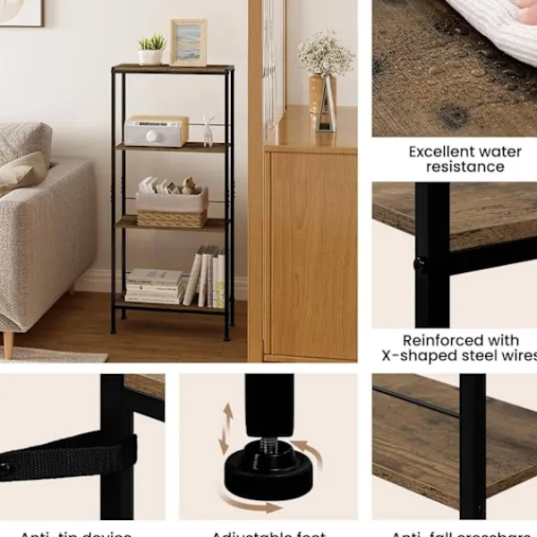 Rootz Living Hyllor>Rootz 4 -nivå stående hylla - lagringshylla - fristående bokhylla - Hållbar och kompakt - 50 cm x 110 cm x 20 cm - brun +svart