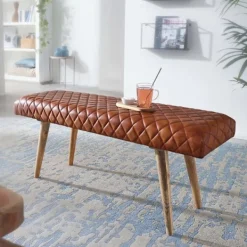 Rootz Living Balkongmöbler>Rootz bänk äkta läder - massivt trä bänk 115x53x38 cm - 2 sits klädd bänk hall matsal brun - Liten läder sängbänk Hall möbel hall bänk