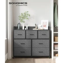 Rootz Living Byråer>Rootz byrå med 3 lådor - Förvaringsskåp - Gråsvart träsäde - Spånskiva stål ovävt tyg - Stora lådor - 28,5 cm x 98 cm x 85 cm - 12,8 kg Vikt - 36 kg T | Fyndiq