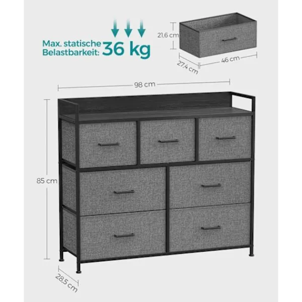 Rootz Living Byråer>Rootz byrå med 3 lådor - Förvaringsskåp - Gråsvart träsäde - Spånskiva stål ovävt tyg - Stora lådor - 28,5 cm x 98 cm x 85 cm - 12,8 kg Vikt - 36 kg T | Fyndiq