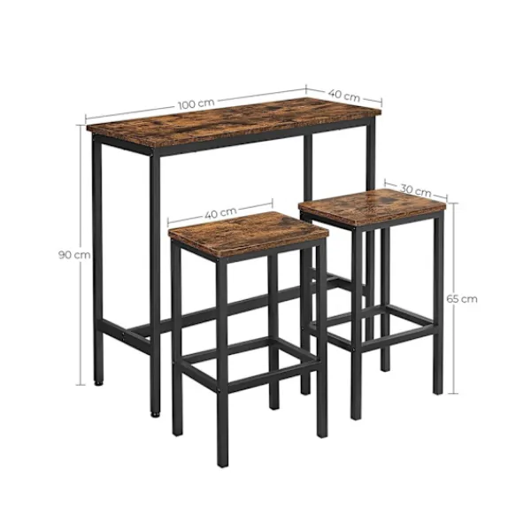 Rootz Living Matgrupper>Rootz 3-delad vintage brun-svart barbordsset - spånskiva stål - pubbord - bänkhöjd bord - köksbord - 100cm x 40cm x 90cm