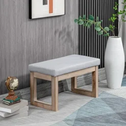 Rootz Living Pallar>Rootz fotpall - Scandi Design - Pall - Fotpall - Vadderad bänk - Gummiträ - Grå + Natur - 68 cm x 38 cm x 42 cm