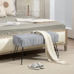 Rootz Living Pallar>Rootz fuskpäls vadderad bänk - stoppad sits - entré hall bänk - grå - eukalyptus trä - metall ben - 82 cm x 30 cm x 47 cm