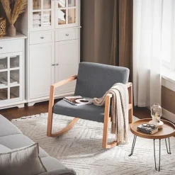 Rootz Living Fåtöljer>Rootz gungstol - Gungstol - Relaxstol - Bokträ & bomullstyg - Bekväma & tvättbara kuddar - Stabil med golvskydd - 66cm x 73cm x 75cm