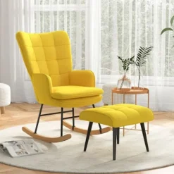 Rootz Living Fåtöljer>Rootz gungstol med ottoman - Scandi Design -brocking stol med fotpall - Bokträ - Quiltning - Imitation av linne - Gul - 64 cm x 89 cm x 90 cm