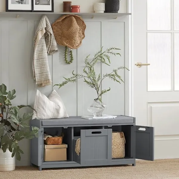 Rootz Living Sideboards>Rootz hallbänk med skoförvaring - Skoskåp - Entréorganisator - Bekväm vadderad sits - Avtagbar kudde - MDF-konstruktion - 90 cm x 45 cm x 35 cm