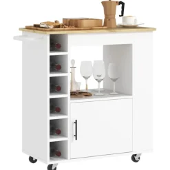 Rootz Living Köksö>Rootz Kitchen Trolley - Rolling Island - Portable Cart - Wine Racks & Storage - Rubberwood Top - 83L X 40W X 83H CM