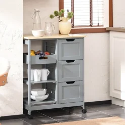 Rootz Living Köksö>Rootz köksvagn - Serveringsvagn - Mobil förvaringsenhet - Lätt manövrerbarhet - Gott om förvaring med 3 lådor och hyllor - Hållbar MDF och furukonstru | Fyndiq