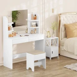 Rootz Living Pallar>Rootz Make -Up Pall - Vanity Seat - Foot Pall - Bekväm 150 kg kapacitet - Elegant brun vit - 40 cm x 45 cm x 30 cm