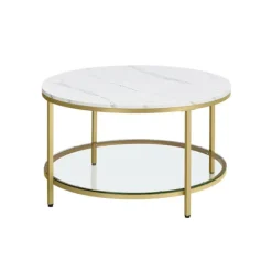 Rootz Living Soffbord>Rootz Marble White-Metallic Gold Soffbord - Vardagsrumsbord - Modernt mittbord - Spånskiva - Härdat glas - Stålstomme - Justerbara fötter - Lättvikt - | Fyndiq