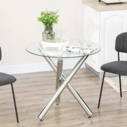 Rootz Living Matbord>Rootz Matbord - Rund skiva i härdat glas - Kantlös design - för 2-4 personer - Stålben - Transparent + Silver - 80 x 80 x 74 cm