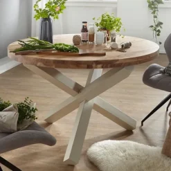 Rootz Living Matbord>Rootz Matbord - Runt matbord - Massivträ Acacia - Matbord av trä - Köksbord - Brun/Vit - Ø 120 cm