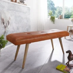 Rootz Living Balkongmöbler>Rootz Matsalsbänk - Korridorsbänk - Bänk - Stoppad bänk - Massivt trä - Mangoträ - Getskinn - 117 x 38 x 51 cm