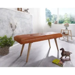 Rootz Living Balkongmöbler>Rootz Matsalsbänk - Korridorsbänk - Bänk - Stoppad bänk - Massivt trä - Mangoträ - Getskinn - 117 x 38 x 51 cm