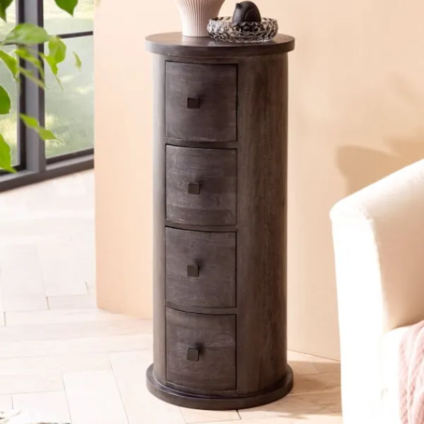 Rootz Living Byråer>Rootz Modern byrå - Skänk - Förvaringsskåp - Mangoträ - 34cm x 85cm x 34cm - Svart - Fyra lådor - Unik ådring - Hög stabilitet - Avtagbara lådor