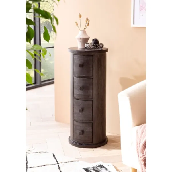 Rootz Living Byråer>Rootz Modern byrå - Skänk - Förvaringsskåp - Mangoträ - 34cm x 85cm x 34cm - Svart - Fyra lådor - Unik ådring - Hög stabilitet - Avtagbara lådor