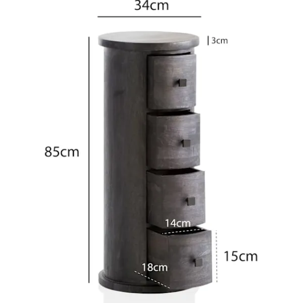 Rootz Living Byråer>Rootz Modern byrå - Skänk - Förvaringsskåp - Mangoträ - 34cm x 85cm x 34cm - Svart - Fyra lådor - Unik ådring - Hög stabilitet - Avtagbara lådor